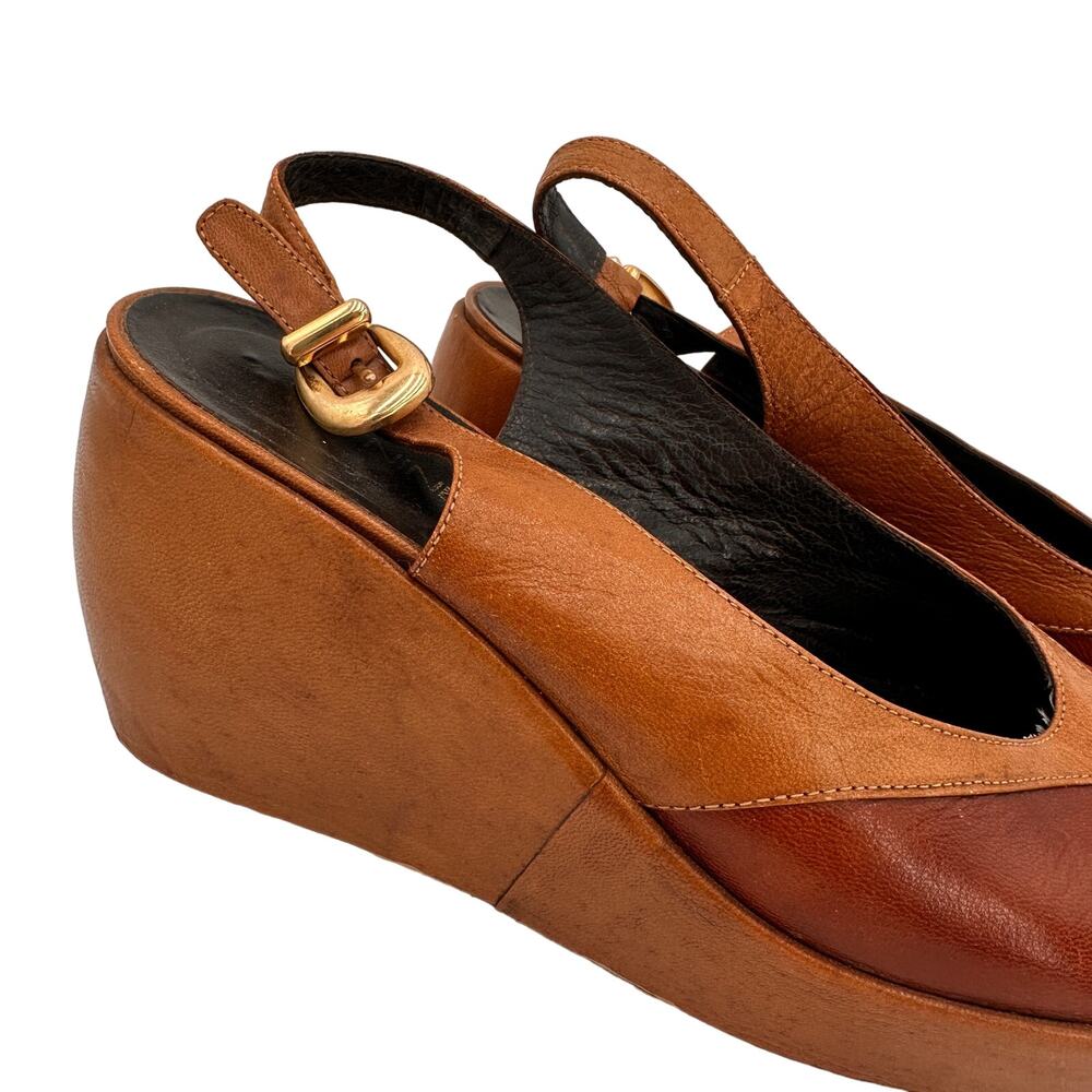 Nine West Vintage Y2K Leather Two Toned Brown Wedge Slingback Heels Size 7.5 - 8 - Picture 6 of 9